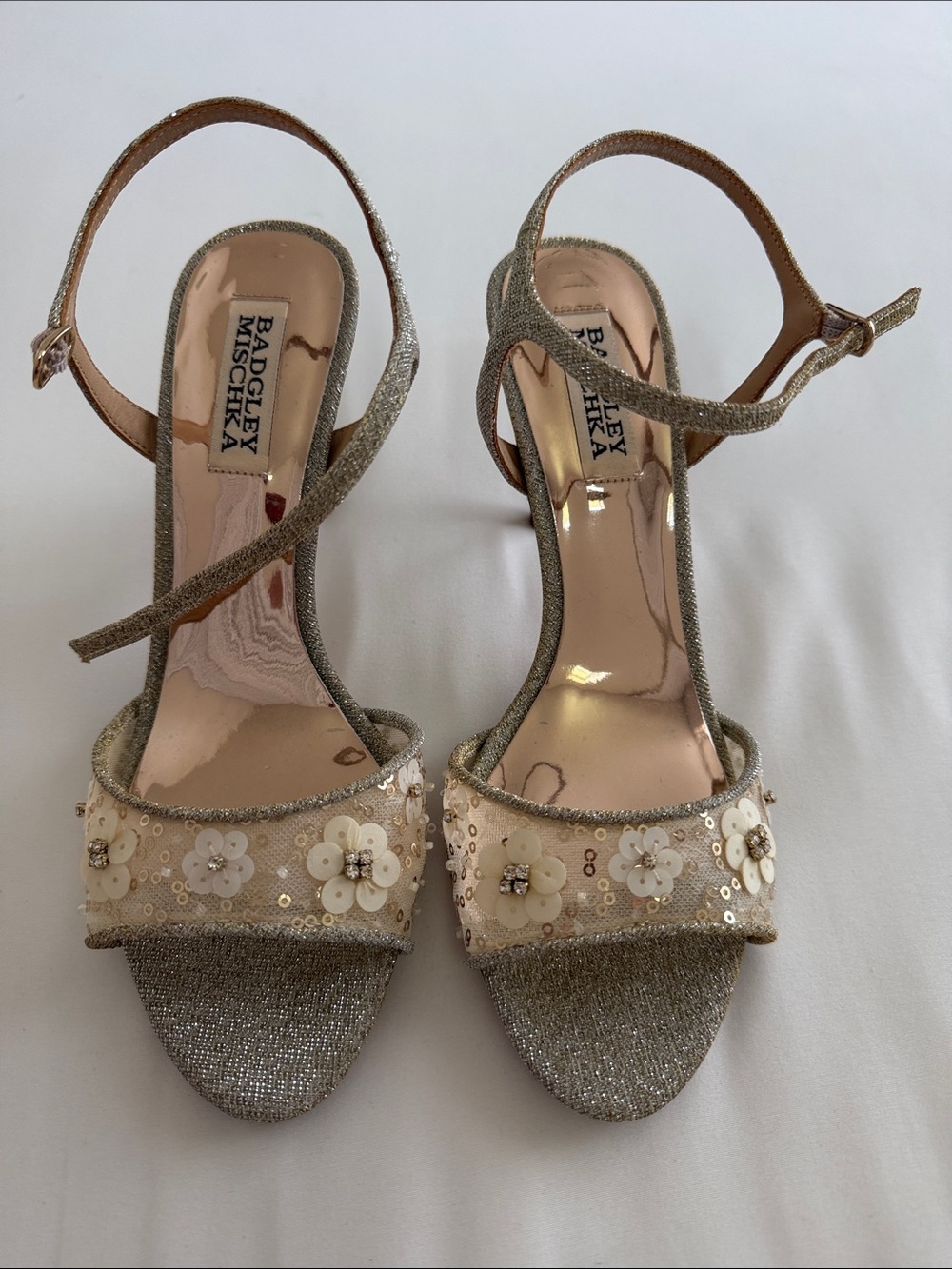 Badgley Mischka Gold and Cream Floral Embellished Strappy Heels